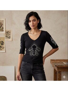 Freedom Womens Ribbed Shirt Medium Jeweled Fleur De Lis Rock Grunge Biker